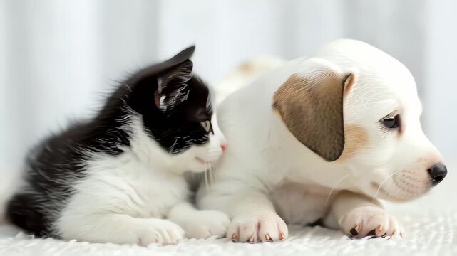 Adorable kitten and puppy companions cuddling together