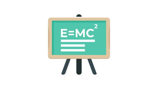 E-M-C symbol drawn in white chalk on a blackboard, representing a concept in mathematics or physics.