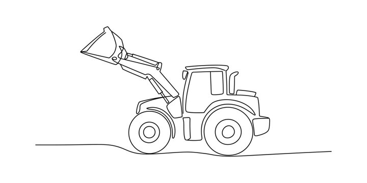 A simple line drawing of a heavy duty front end loader tractor for construction projects. Vector, illustration