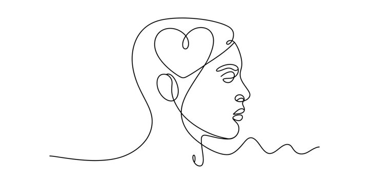 Minimalist one line art of a face profile with a heart representing emotional intelligence. Vector, illustration