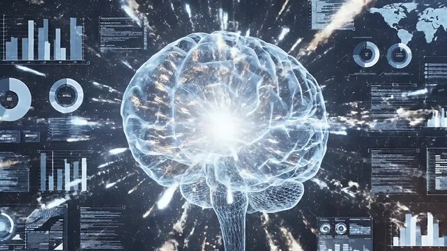 Digital Brain Interface: AI Concept with Glowing Human Brain, Data Visualizations, Global Map, and Technology Elements
