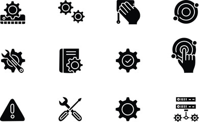Obraz premium Collection of black settings and gear icons representing system configuration, maintenance, technology process and technical support concepts
