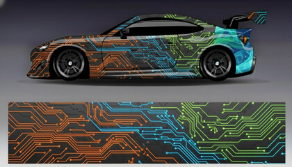 Customized sports car featuring a unique circuit board design decal in a striking orange, blue, and green color gradient. © DB stock