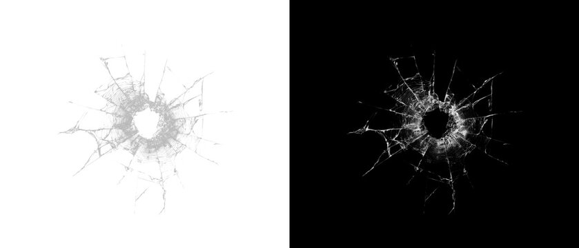 Broken glass on white background . Broken window effect showing detailed fracture network and sharp splinters isolated on dark and light background.