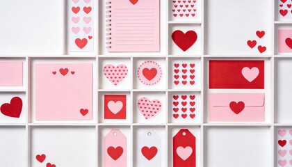 Valentine&rsquo;s Day Stationery Flat Lay with Heart Shapes Isolated