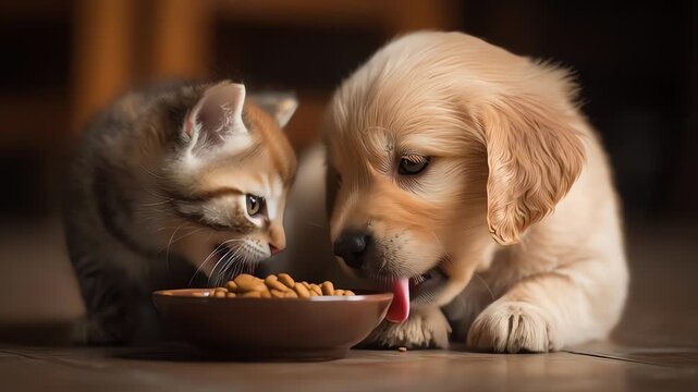Adorable Kitten And Puppy Share A Bowl Of Food Friendship Concept