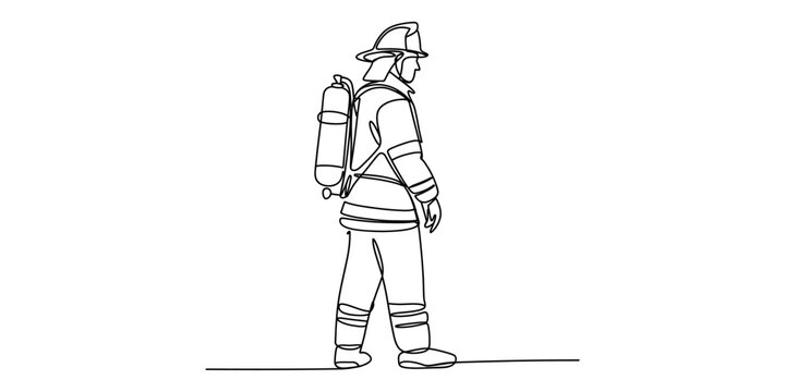 Black and white line drawing of a firefighter in full gear with an oxygen tank walking Vector, illustration