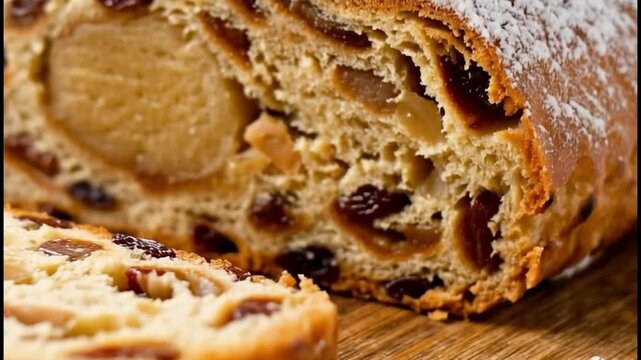 Traditional German Christmas Stollen with marzipan, raisins, and powdered sugar served on a rustic wooden cutting board.
