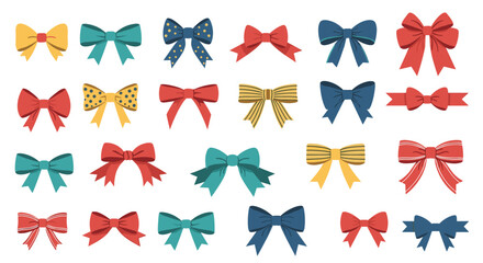 Obraz premium Wide variety of colorful ribbon bows with different patterns such as polka dots and stripes offers festive decorative elements for design.