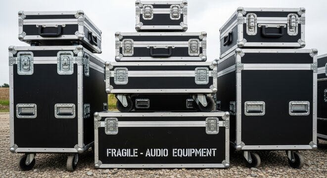 Stacked professional black flight cases (road cases) labeled "Fragile - Audio Equipment" ready for transport at an outdoor event or stage setup.