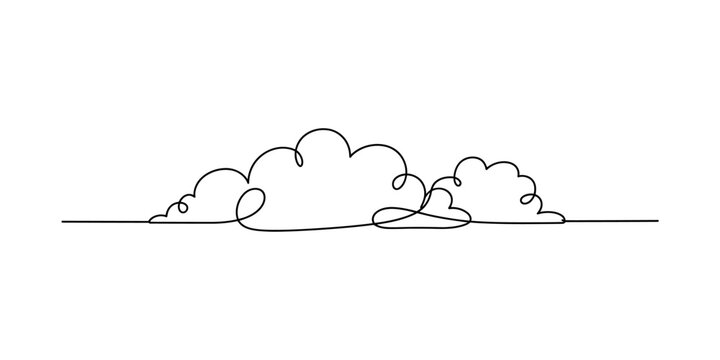 Continuous one line drawing of fluffy clouds on a horizontal line in a minimalist style. Vector, illustration