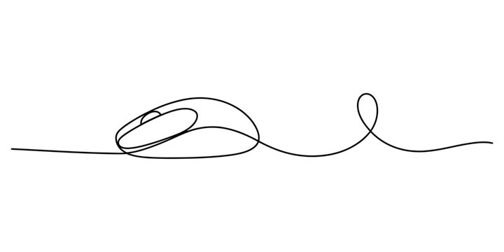 Minimalist continuous one line drawing of a computer mouse on a plain white background. Vector, illustration