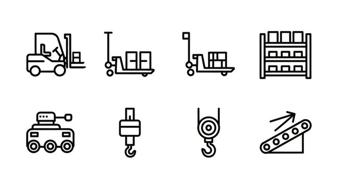 Logistics and Warehouse Material Handling Icons Set. Includes forklift, pallet jack, shelving unit, conveyor belt, crane hooks, and industrial robotic vehicle in simple black outline style.