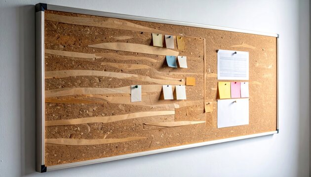 Corkboard with notes pinned on a wall, office organization.