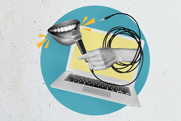 Artwork sketch banner full 3d collage of happy mouth sing karaoke occasion microphone live...