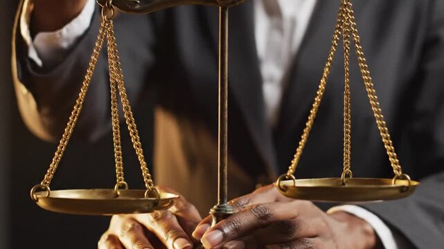 A person in a suit holds golden scales symbolizing balance