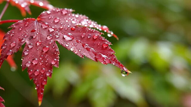 Red Maple Leaf with Raindrops Closeup.