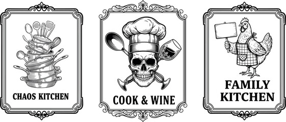 Retro kitchen sign posters vector collection, humorous cooking and family kitchen illustrations on transparent background © gerik_a