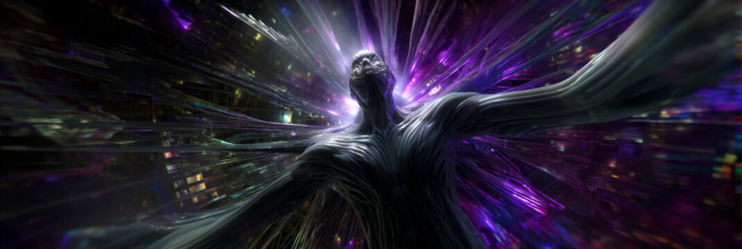 gigantic sentient architectural entity in hyperbolic fractal space, neon iridescent multidimensional architectural humanoid titan, higherdimensional cosmic megastructure being in hyperspace