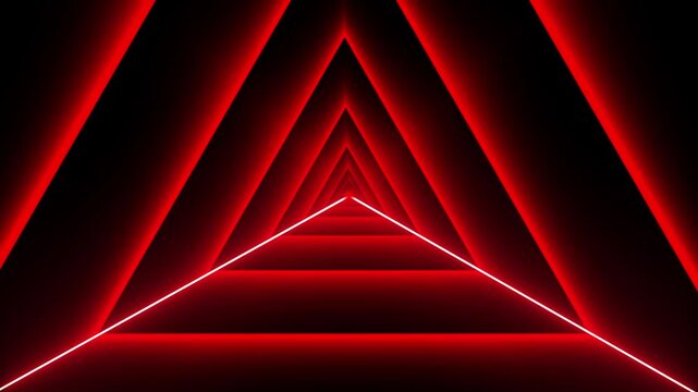 Abstract red neon triangle tunnel background, futuristic geometric glowing light animation loop