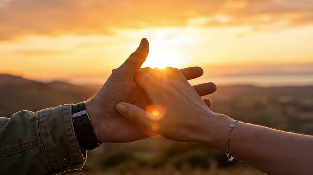 Romantic couple holding hands in silhouette at sunset with warm golden light symbolizing love connection trust for valentines day cinematic stock video background emotional storytelling
