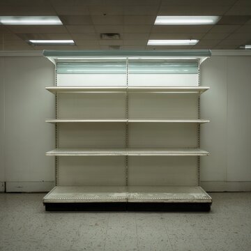 Empty retail shelves in dim lighting