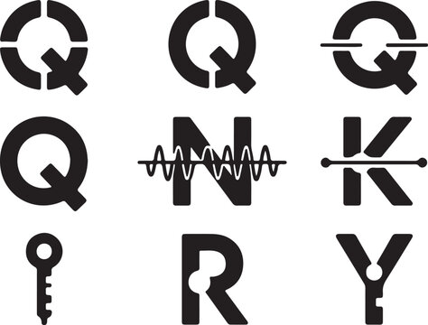 Quantum cryptography alphabet letters icon set. Flat black silhouette atoms forming a lock symbol. Cybersecurity and digital safety vector illustration art