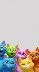 Fototapeta premium A group of six highly detailed, colorful 3D cartoon cats peek cheerfully up from the bottom border against a neutral light gray background with ample 