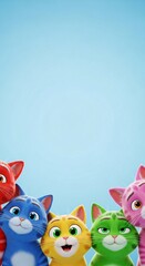 Fototapeta premium A colorful group of five cheerful 3D animated cats, rendered in vibrant red, blue, yellow, green, and pink, peek up from the bottom edge against a bla