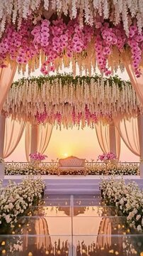 Luxurious outdoor wedding ceremony setup at sunset with floral mandap and glass aisle. Elegant wedding stage decoration with pink and white flowers and sunset background.