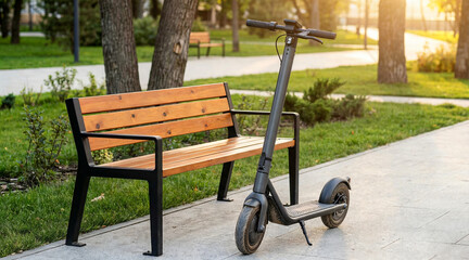 Scooter near park bench in sunny park during late afternoon  