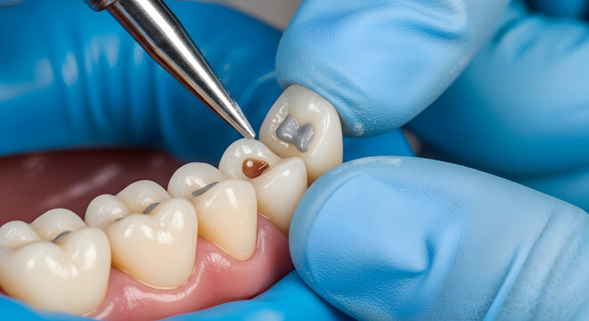 Dental filling procedure with a dentist's tool and gloved hands
