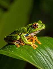 Naklejka premium Vivid emerald amphibian with orange eyes rests on a verdant leaf