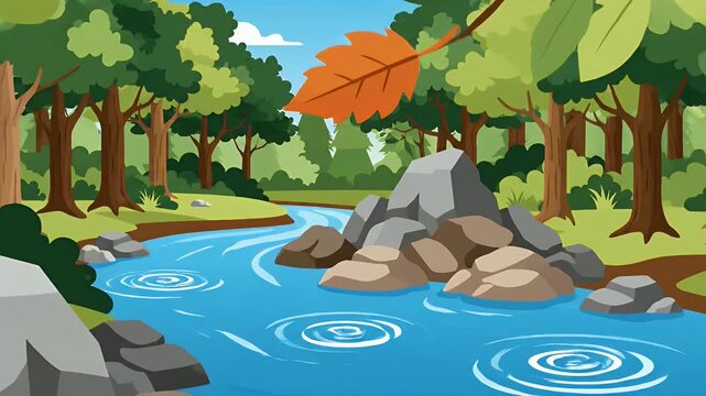 Illustrated winding river flowing through a green forest landscape
