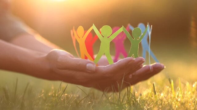 Unity Concept: Paper People Chain on Female Hands at Sunset