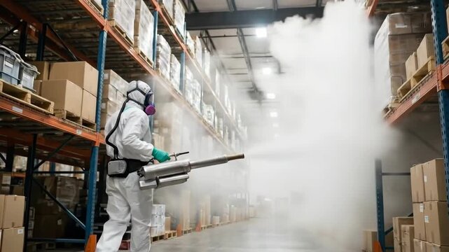 Pest control professional in protective suit fumigating warehouse storage for insecticide and disinfection service