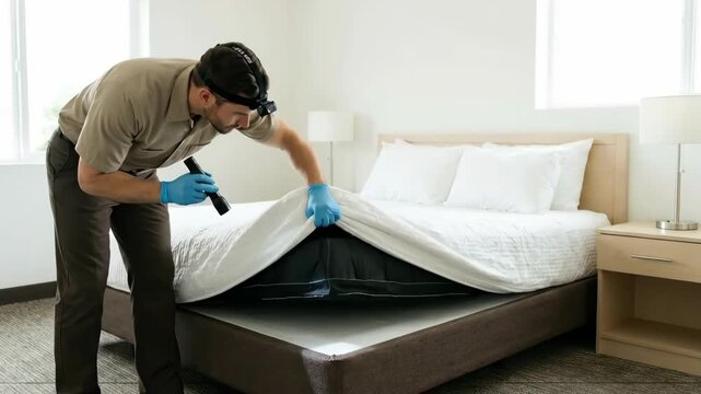 Pest control worker inspecting a bed for insects in a hotel, searching for infestations and potential bug problems