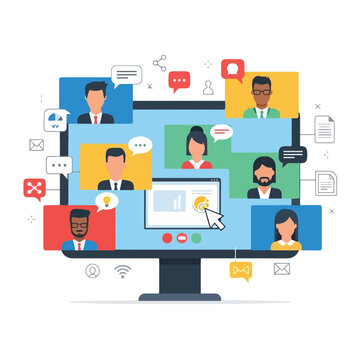 A digital meeting with various icons, speech bubbles, and people