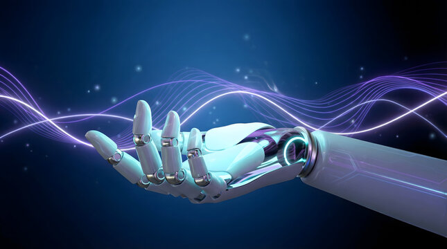 White futuristic robotic hand with metallic details and glowing blue lights presents an open palm on a dark blue background featuring wavy purple ener