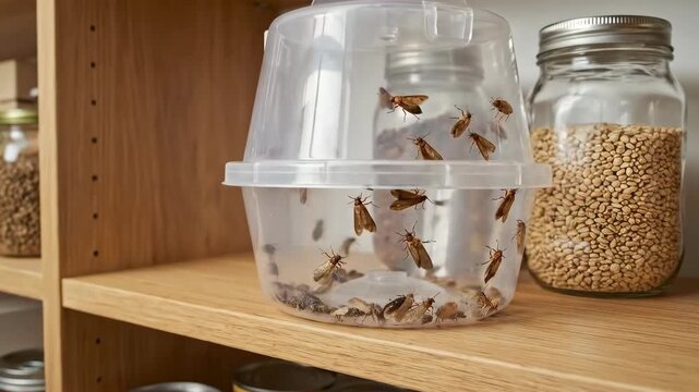 Pantry moth trap capturing flying insects in a organized wooden pantry, pest control solution for stored food protection and infestation.