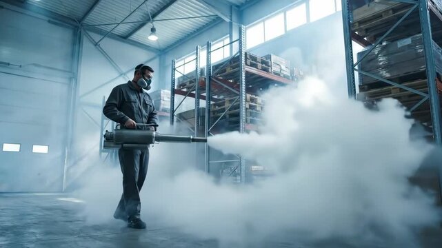 Caucasian man fumigating warehouse with fog machine, pest control and disinsection service for inventory and goods protection