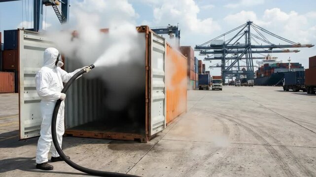 Man in protective suit fumigating cargo container with pesticides for pest control at commercial shipping port