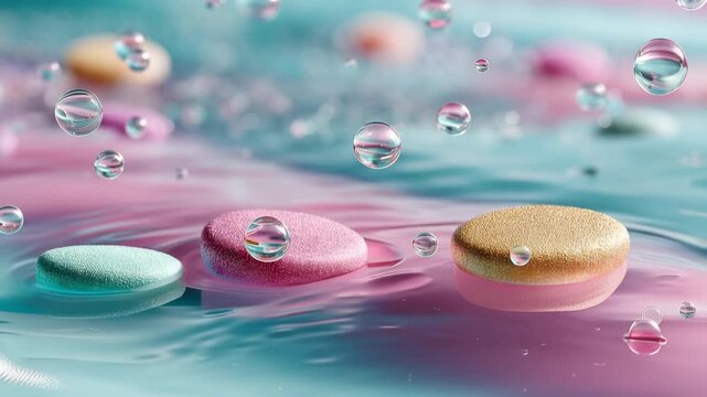 Pastel bath bombs floating on rippling water with drifting bubbles in soft spa lighting