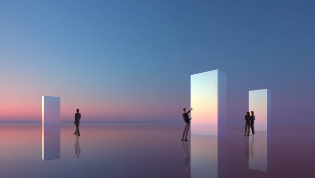 Surreal design with people interacting with glowing monoliths. Concept of future technology, digital transformation, innovation storytelling, abstract business visuals.