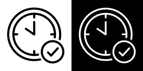 Time management icon with clock and checkmark symbol for completed task Black White Background. Vector illustration. © LiorasK