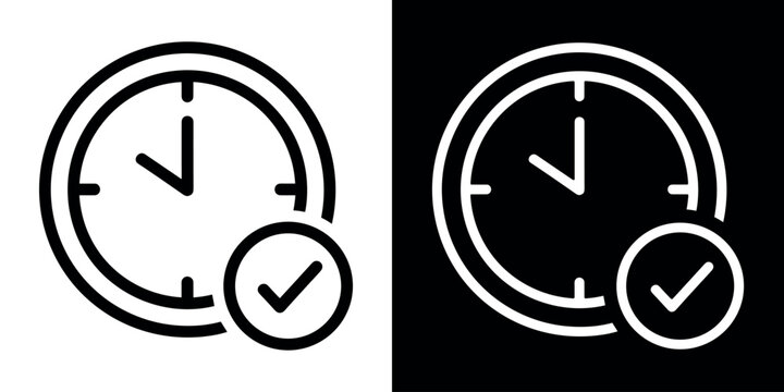 Time management icon with clock and checkmark symbol for completed task Black White Background. Vector illustration.