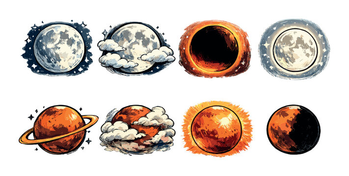 Artistic celestial bodies: moon, eclipse, saturn, sun in various phases