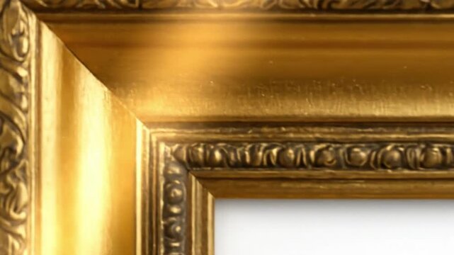 Closeup of an ornate gold picture frame with intricate detailing and a smooth reflective surface