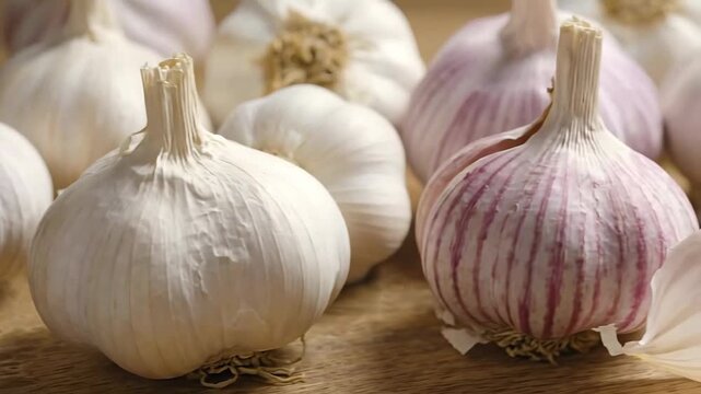 Close-up shows fresh garlic bulbs with white and purple hues arranged on a wooden surface, ready for cooking.