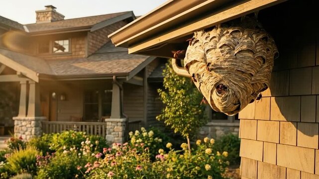 Wasp nest close to house from all angles. Yellowjackets flying around their nest under the eaves of residence. Pest control concept.